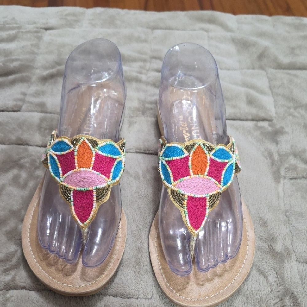 Coconuts By Matisse Women's Sandals Colorful Beaded Floral‎ Low Wedge Sz 9 EUC